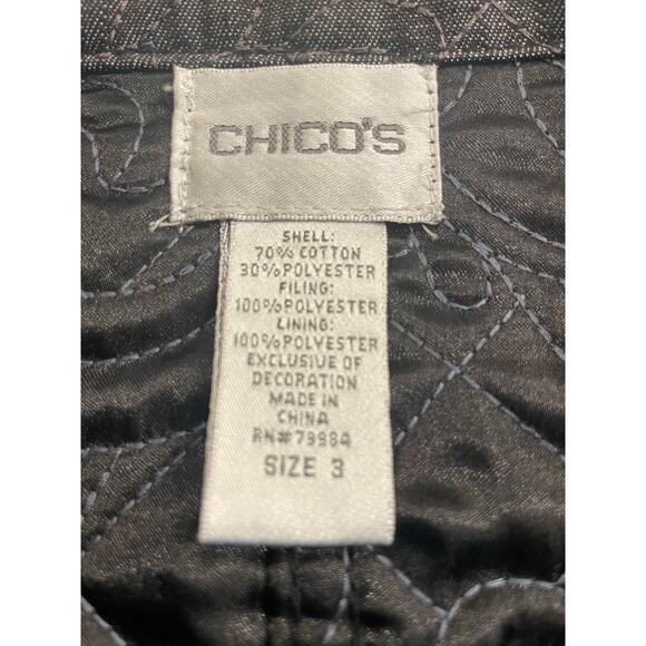 Chico's Charcoal  Black Floral Quilted Jacket Blazer 3/XL Faux Leather accents - Picture 3 of 13